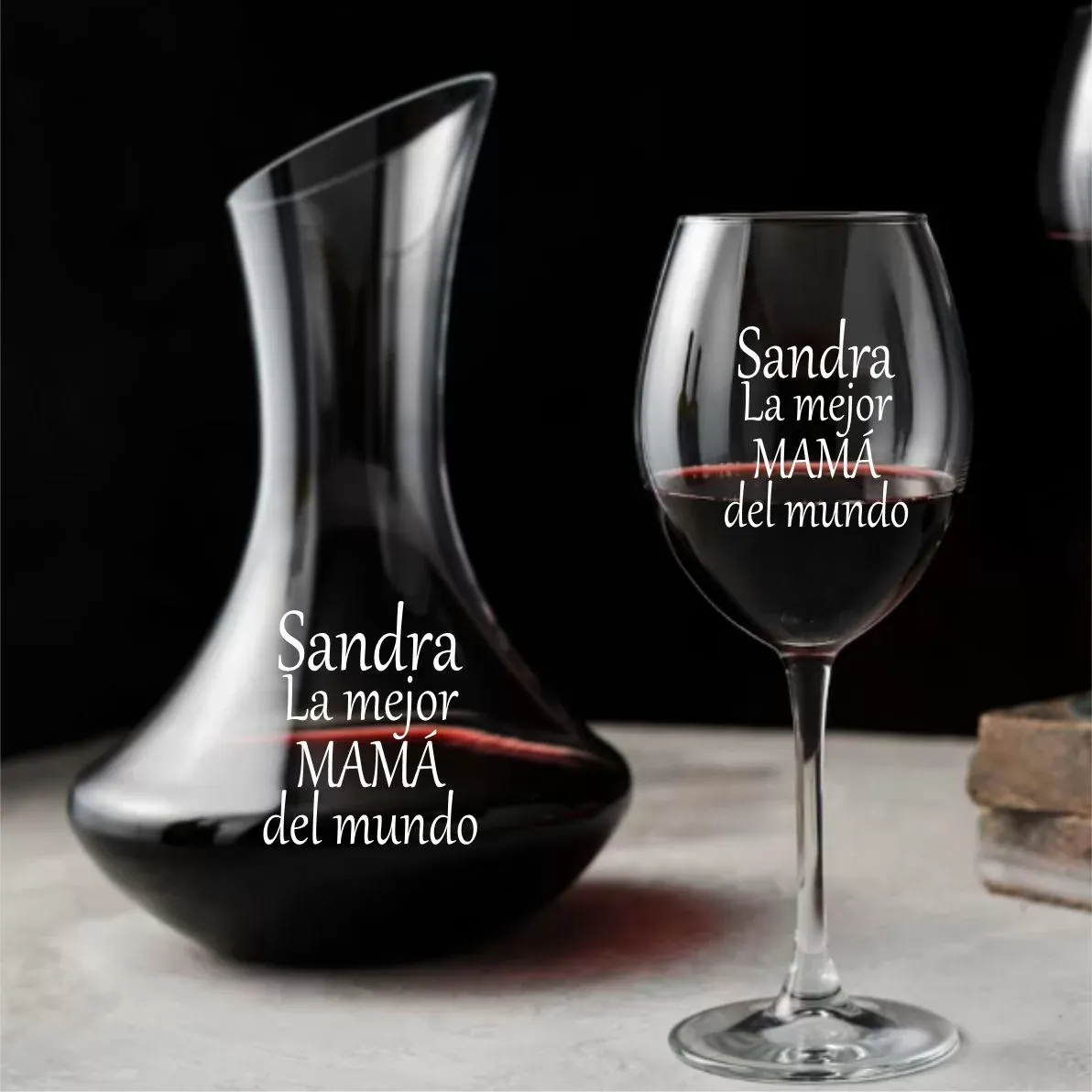 Decantador + 4 Copas de Vino con Texto